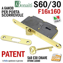 Load image into Gallery viewer, SERRATURA PORTA SCORREVOLE GANCIO FRONTALE 16x160mm BONAITI 60/30 OTTONE LUCIDO PATENT +CHIAVE +INCONTRO ENTRATA 30MM scrigno uncino