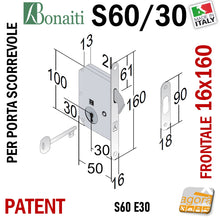 Load image into Gallery viewer, SERRATURA PORTA SCORREVOLE GANCIO FRONTALE 16x160mm BONAITI 60/30 OTTONE LUCIDO PATENT con CHIAVE completa di contropiastra INCONTRO ENTRATA 30MM scrigno uncino misure 4006003017