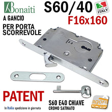 Load image into Gallery viewer, SERRATURA PORTA SCORREVOLE GANCIO FRONTALE 16x160mm BONAITI 60/40 CROMO SATINATO PATENT con CHIAVE con INCONTRO ENTRATA 40MM