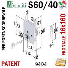 Load image into Gallery viewer, SERRATURA PORTA SCORREVOLE GANCIO FRONTALE 16x160mm BONAITI 60/40 CROMO SATINATO PATENT con CHIAVE con INCONTRO ENTRATA 40MM schema scrigno gancio uncino chiave normale pieghevole