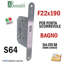 Carica l'immagine nel visualizzatore di Gallery, Serratura meccanica Bonaiti f22x190mm 19cm E50 mod S 64 per porte scorrevoli scrigno bagno quadro 8mm cromo satinata
