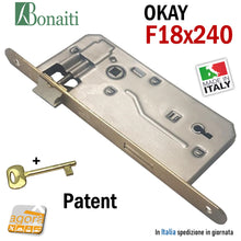 Load image into Gallery viewer, SERRATURA PORTA PATENT FRONTALE 18x240mm BONAITI IN METALLO OTTONE CON CHIAVE Entrata E50mm Interasse 90MM frontale F1,8x24cm ottone Okay logo giraffa mod.588