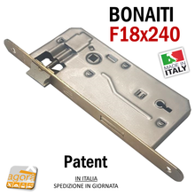 Load image into Gallery viewer, SERRATURA PORTA PATENT FRONTALE 18x240mm BONAITI IN METALLO OTTONE CON CHIAVE E50