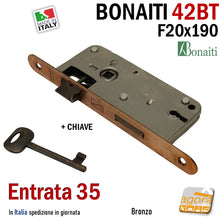 Load image into Gallery viewer, SERRATURA PORTA FRONTALE 20x190mm TONDO E35 I70 BONAITI 42T BRONZO PATENT PICCOLA con CHIAVE