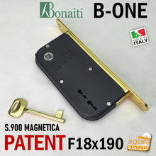 Carica l'immagine nel visualizzatore di Gallery, SERRATURA PORTA INTERNA MAGNETICA B-ONE BONAITI S900 PATENT FRONTALE 18X190MM ENTRATA E50MM INTERASSE I70MM I90MM OTTONE LUCIDO 489001501E originale nuova e disponibile
