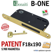 Carica l'immagine nel visualizzatore di Gallery, SERRATURA PORTA INTERNA MAGNETICA B-ONE BONAITI S900 PATENT FRONTALE 18X190MM ENTRATA E50MM INTERASSE I70MM I90MM OTTONE LUCIDO 489001501E