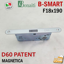 Carica l'immagine nel visualizzatore di Gallery, SERRATURA PORTA MAGNETICA B-SMART BONAITI D60 CHIAVE PATENT FRONTALE 18X190MM E50 I90 CROMO OPACO cromato entrata 5cm interasse 9cm