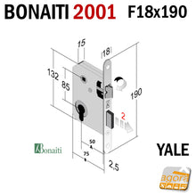 Carica l'immagine nel visualizzatore di Gallery, quote SERRATURA PORTA YALE FRONTALE 18x190mm BONAITI 2001 290 METALLO CROMO OP E50 I85 misure