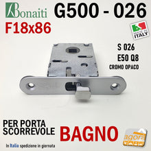 Carica l'immagine nel visualizzatore di Gallery, 4002605097 Serratura Bonaiti G500 026 BAGNO QUADRO 8x8 Entrata 50mm frontale 18x86 - 86x18mm cromata ricambio completo kit