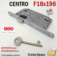 Carica l'immagine nel visualizzatore di Gallery, SERRATURA PORTA PATENT FRONTALE 18x196mm AGB CENTRO E50 INTERASSE 90 MECCANICA CHIAVE entrata 5cm interasse 9cm con linguetta 3cm inclusa chiave cromata Frontale 196x18 cm 1,8