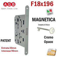 Carica l'immagine nel visualizzatore di Gallery, MAGNETIC INTERNAL DOOR LOCK PATENT AGB POLARIS 2XT FRONT 18X196MM E50 I90 MATT CHROME ORIGINAL LOCKS AGB REVERSIBLE LATCH
