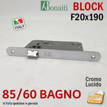 Carica l'immagine nel visualizzatore di Gallery, SERRATURA PORTA BONAITI BLOCK 85 /60 WC BAGNO FRONTALE 20X190MM E50 I70 CROMO LUCIDO MECCANICA 48085060CE corpo 125x85mm