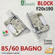 Carica l'immagine nel visualizzatore di Gallery, SERRATURA PORTA BONAITI BLOCK 85 /60 WC BAGNO FRONTALE 20X190MM E50 I70 CROMO LUCIDO MECCANICA originale