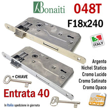 Load image into Gallery viewer, SERRATURA PORTA PATENT FRONTALE 18x240mm BONAITI 048T E40 I90 CROMO ENTRATA 4CM INTERASSE 9CM E40 I90 CON CHIAVE F 240X18