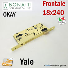 Carica l'immagine nel visualizzatore di Gallery, SERRATURA PORTA FRONTALE 18x240mm YALE BONAITI C18T-50 OTTONE E50 I85 entrata 5cm interasse 8,5cm ottonata cilindro OKAY door lock