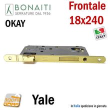 Carica l'immagine nel visualizzatore di Gallery, SERRATURA PORTA FRONTALE 18x240mm YALE BONAITI C18T-50 OTTONE E50 I85 entrata 5cm interasse 8,5cm ottonata cilindro OKAY serrature porte esterne di sicurezza