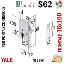 Load image into Gallery viewer, SERRATURE X SCRIGNO PORTA SCORREVOLE GANCIO FRONTALE F16x160mm BONAITI 62 E50 OTTONE LUCIDO YALE CON INCONTRO GACCIA MODELLO PER EUROCILINDRO CILINDRO DI SICUREZZA