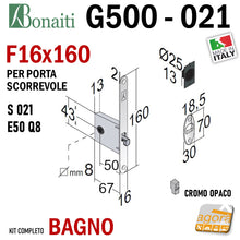 Carica l'immagine nel visualizzatore di Gallery, SERRATURA PORTA SCORREVOLE FRONTALE 16x160mm BONAITI 021 G500 X BAGNO WC MONETA LIBERO-OCCUPATO CROMO OPACO Q8 E50 Disegno quotato in kit con contropiastra