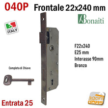 Load image into Gallery viewer, Serratura porta squadrata rettangolare bonaiti OKAY 40P frontale f 240x22mm entrata 25mm E2,5cm interasse 90mm chiave patent