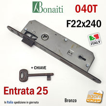 Carica l'immagine nel visualizzatore di Gallery, 48040025 SERRATURA PORTA PATENT FRONTALE F 240 x 22 mm BORDO TONDO BONAITI 040T BRONZO Entrata E 25 mm Interasse I 90 mm con CHIAVE Bronzata Bronzo