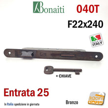 Carica l'immagine nel visualizzatore di Gallery, SERRATURA PORTA PATENT FRONTALE F 240 x 22 mm BORDO TONDO BONAITI 040T BRONZO Entrata E 25 mm Interasse I 90 mm con CHIAVE Bronzata Bronzo 48040025ME