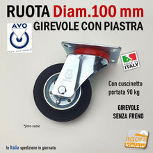 Load image into Gallery viewer, RUOTA GOMMA NERA DIAMETRO 100MM GIREVOLE CON PIASTRA CON FRENO SENZA FRENO S112 AVO INDUSTRIA RUOTE 80 bella