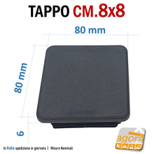 Carica l'immagine nel visualizzatore di Gallery, Misure nominali Tappi neri per tubolari quadrati sottopiede alettato tappo con alette in plastica nera 8x8cm bello e robusto per giardino tavoli telai strutture tubolari mm. 80x80