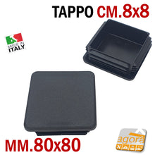 Carica l'immagine nel visualizzatore di Gallery, Tappi neri per tubolari quadrati sottopiede alettato tappo con alette in plastica nera 8x8cm bello e robusto per giardino tavoli telai strutture tubolari mm. 80x80