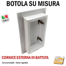 Carica l'immagine nel visualizzatore di Gallery, SPORTELLO BOTOLA INCASSO CORNICE ESTERNA CARTONGESSO / MURO SU MISURA MDF VERNICIABILE apribile regolabile incassata per quadri elettrici negozio casa