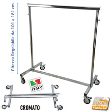 Carica l'immagine nel visualizzatore di Gallery, CARRELLO STENDER PER NEGOZI MAGAZZINI MERCATI CARRELLO CON RUOTE PIEGHEVOLE ALTEZZA REGOLABILE LEGGERO E FACILE DA RIPORRE CROMATO IN CCIAIO PORT ABITI ABBIGLIAMENTO TRASPORTO VESTITI