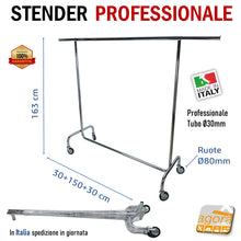 Carica l'immagine nel visualizzatore di Gallery, STENDER APPENDIABITI ATTACCAPANNI PROFESSIONALE CARRELLO PORTA ABITI CROMATO ALTA PORTATA H165cm portabiti mobile pieghevole con ruote diametro 80mm