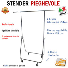 Carica l'immagine nel visualizzatore di Gallery, STENDER APPENDIABITI ATTACCAPANNI PIEGHEVOLE PROFESSIONALE CARRELLO PORTA ABITI PER RAPPRESENTANTI altezza regolabile in metallo leggero ma robusto