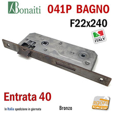 Carica l'immagine nel visualizzatore di Gallery, SERRATURA PORTA PATENT GRANDE BAGNO FRONTALE 22x240mm QUADRO BONAITI 041P-40 BRONZO E40 I90 entrata 4cm 41BP bronzata