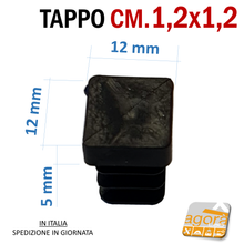 Carica l'immagine nel visualizzatore di Gallery, TAPPI TAPPO QUADRATO 12x12 NERO PUNTALE PLASTICA cm 1,2x1,2 SOTTOPIEDE ALETTATO dimensioni