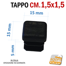 Carica l'immagine nel visualizzatore di Gallery, TAPPI TAPPO QUADRATO 15x15 NERO PUNTALE PLASTICA SOTTOPIEDE ALETTATO dimensioni