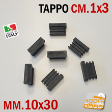 Carica l'immagine nel visualizzatore di Gallery, TAPPI TAPPO RETTANGOLARE 10x30 NERO PUNTALE PLASTICA cm 1x3 SOTTOPIEDE ALETTATO cm 3x1