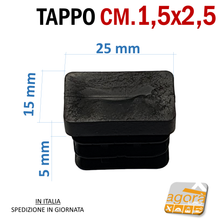 Carica l'immagine nel visualizzatore di Gallery, TAPPI TAPPO RETTANGOLARE 15x25 NERO PUNTALE PLASTICA cm 1,5x2,5 SOTTOPIEDE ALETTATO misure