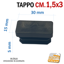 Carica l'immagine nel visualizzatore di Gallery, TAPPI TAPPO RETTANGOLARE 15x30 NERO PUNTALE PLASTICA 30x15 SOTTOPIEDE ALETTATO dimensioni