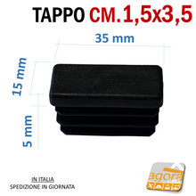 Carica l'immagine nel visualizzatore di Gallery, TAPPI TAPPO RETTANGOLARE 15x35 NERO PUNTALE PLASTICA cm 1,5x3,5 SOTTOPIEDE ALETTATO dimensioni