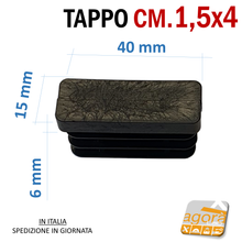 Carica l'immagine nel visualizzatore di Gallery, TAPPI TAPPO RETTANGOLARE 15x40 NERO PUNTALE PLASTICA cm 1,5x4 SOTTOPIEDE ALETTATO misure