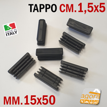Carica l'immagine nel visualizzatore di Gallery, TAPPI TAPPO RETTANGOLARE 15x50 NERO PUNTALE PLASTICA cm 1,5x5 SOTTOPIEDE ALETTATO pz10