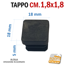 Carica l'immagine nel visualizzatore di Gallery, TAPPI TAPPO QUADRATO 18x18 NERO PUNTALE PLASTICA cm 1,8x1,8 SOTTOPIEDE ALETTATO misure
