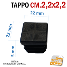 Carica l'immagine nel visualizzatore di Gallery, TAPPI TAPPO QUADRATO 22x22 NERO PUNTALE PLASTICA SOTTOPIEDE ALETTATO dimensioni