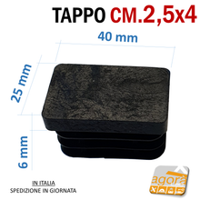 Carica l'immagine nel visualizzatore di Gallery, TAPPI TAPPO RETTANGOLARE 25x40 NERO PUNTALE PLASTICA cm 2,5x4 SOTTOPIEDE ALETTATO misure