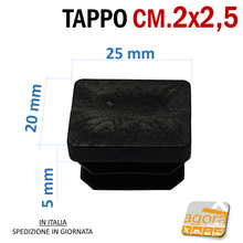 Carica l'immagine nel visualizzatore di Gallery, TAPPI TAPPO RETTANGOLARE 20x25 NERO PUNTALE PLASTICA 25x20 SOTTOPIEDE ALETTATO misure
