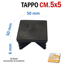 Carica l'immagine nel visualizzatore di Gallery, TAPPI TAPPO QUADRATO 50x50 NERO PUNTALE PLASTICA cm 5x5 SOTTOPIEDE ALETTATO misure