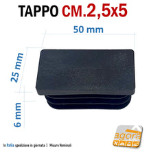 Carica l'immagine nel visualizzatore di Gallery, tappo alta qualità in plastica nera adatto per tubolari rettangolare 25x50mm cm 2,5x5 con alette per inserimento