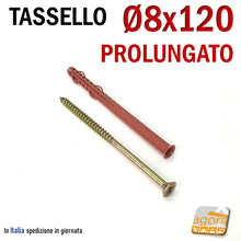 Carica l'immagine nel visualizzatore di Gallery, TASSELLO PROLUNGATO NYLON 8X120 VITE ACCIAIO D6MM WURTH SERRAMENTI FORO 8mm nylon prolungato lungo testa svasata