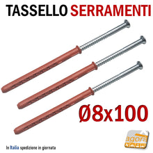Carica l'immagine nel visualizzatore di Gallery, Tasselli con vite testa larga svasata per esterno per serramenti adatti per fissare il serramento. Prolungati in Nylon alta portata professionali foro 8mm D8x100 Torx AW30 Wurth 10cm