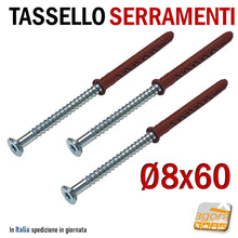 Carica l'immagine nel visualizzatore di Gallery, Tasselli con vite testa larga svasata per esterno per serramenti adatti per fissare il serramento. Prolungati in Nylon alta portata professionali foro 8mm D8x60 Torx AW30 Wurth 6cm
